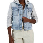 Celebrity Pink Fleece Hooded Denim Jacket Juniors' S Grey Button Front Closure