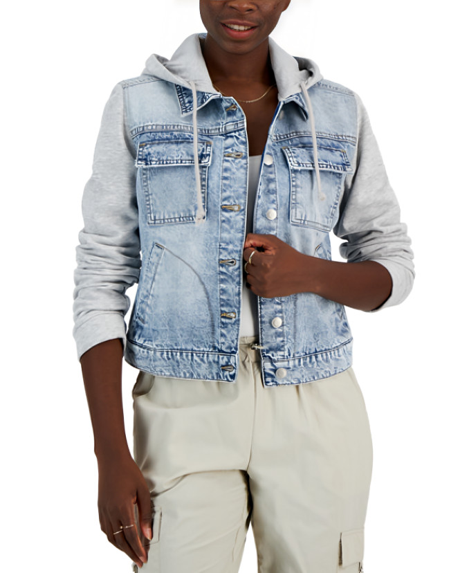 Celebrity Pink Fleece Hooded Denim Jacket Juniors' S Grey Button Front Closure