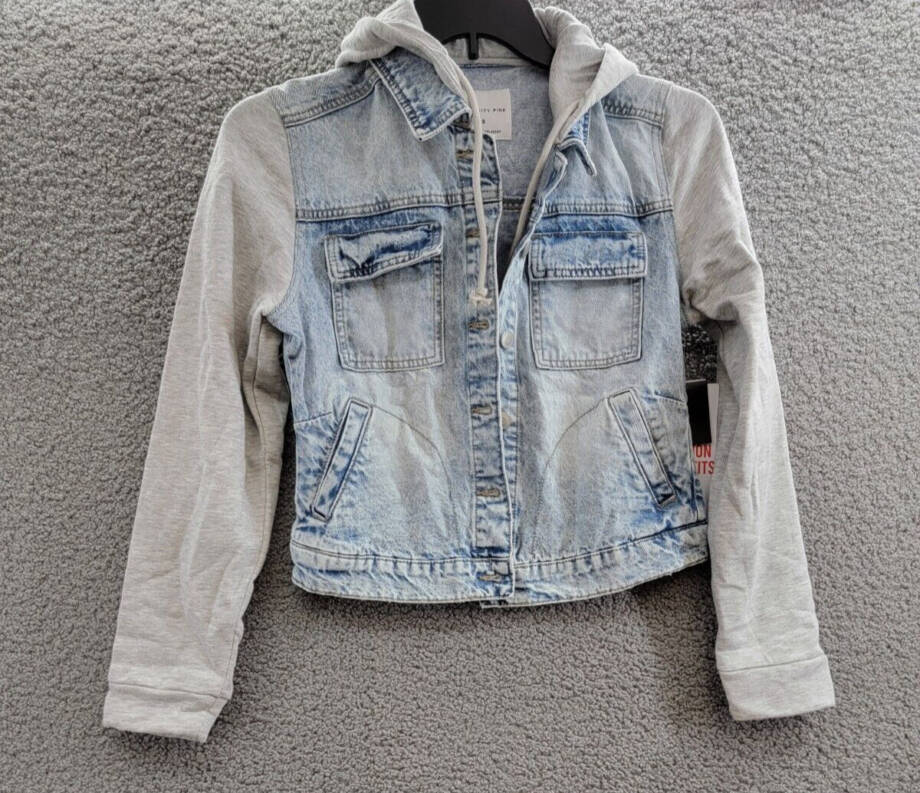 Celebrity Pink Fleece Hooded Denim Jacket Juniors' S Grey Button Front Closure