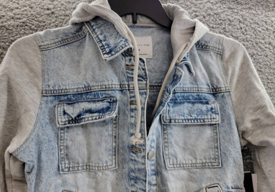 Celebrity Pink Fleece Hooded Denim Jacket Juniors' S Grey Button Front Closure
