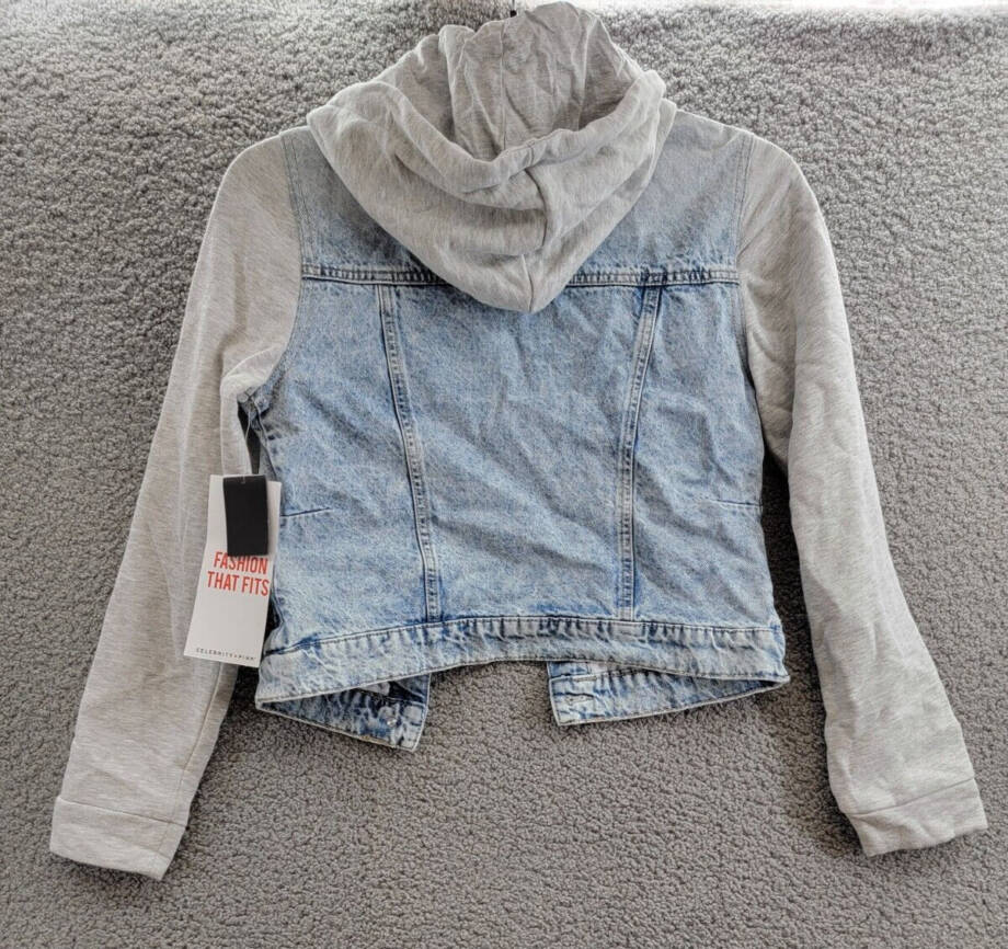 Celebrity Pink Fleece Hooded Denim Jacket Juniors' S Grey Button Front Closure