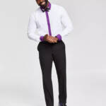 Tayion Collection Slim-Fit Purple Trim Dress Shirt Men's L 16-16.5 34-35 White