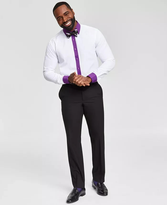 Tayion Collection Slim-Fit Purple Trim Dress Shirt Men's L 16-16.5 34-35 White