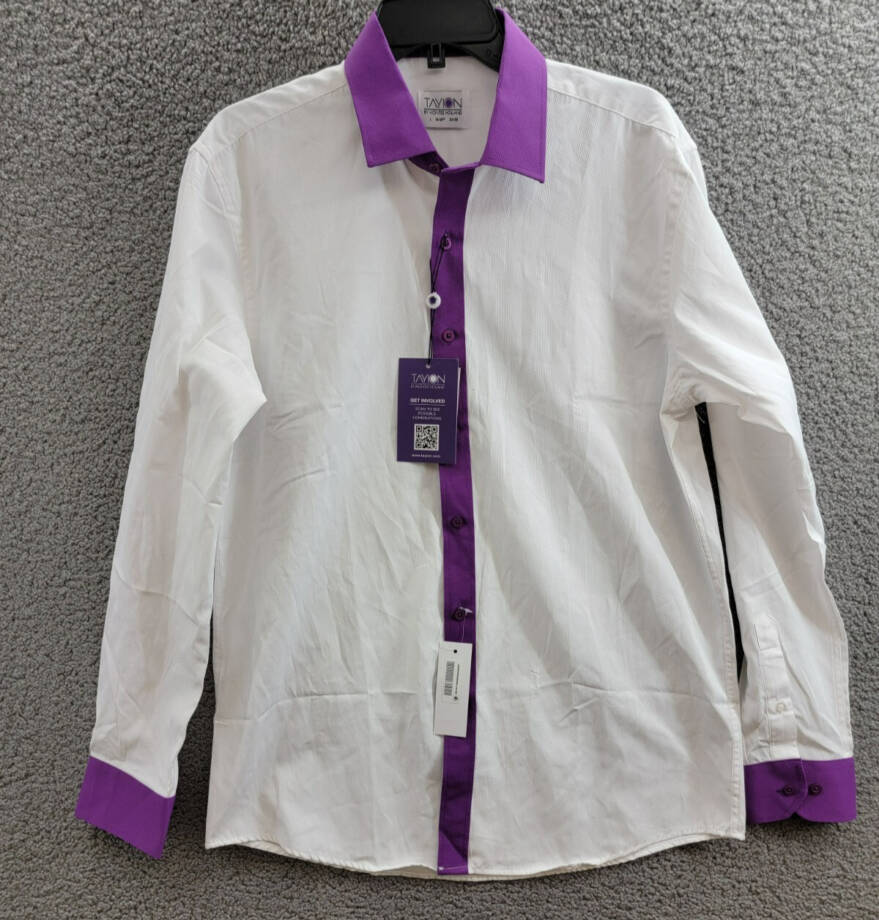Tayion Collection Slim-Fit Purple Trim Dress Shirt Men's L 16-16.5 34-35 White