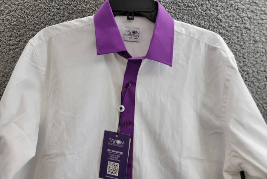 Tayion Collection Slim-Fit Purple Trim Dress Shirt Men's L 16-16.5 34-35 White
