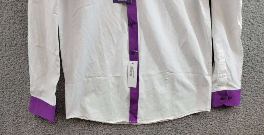 Tayion Collection Slim-Fit Purple Trim Dress Shirt Men's L 16-16.5 34-35 White