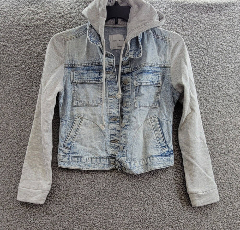 Celebrity Pink Fleece Hooded Denim Jacket Juniors' S Grey Button Front Closure