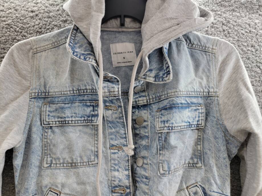 Celebrity Pink Fleece Hooded Denim Jacket Juniors' S Grey Button Front Closure