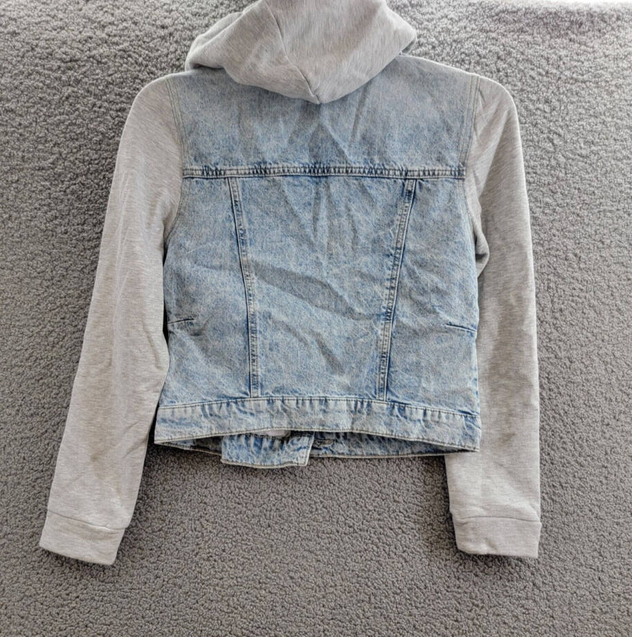 Celebrity Pink Fleece Hooded Denim Jacket Juniors' S Grey Button Front Closure