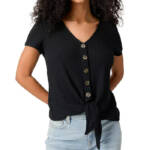 Sanctuary By My Side Tie-Front Pointelle Tee Women's XS Black Vneck Short Sleeve