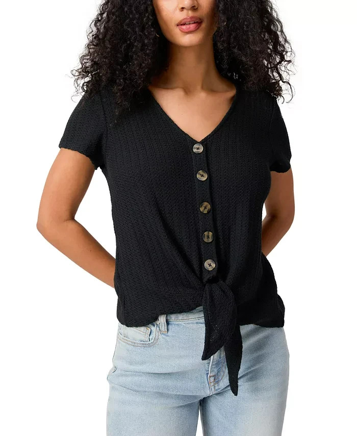 Sanctuary By My Side Tie-Front Pointelle Tee Women's XS Black Vneck Short Sleeve