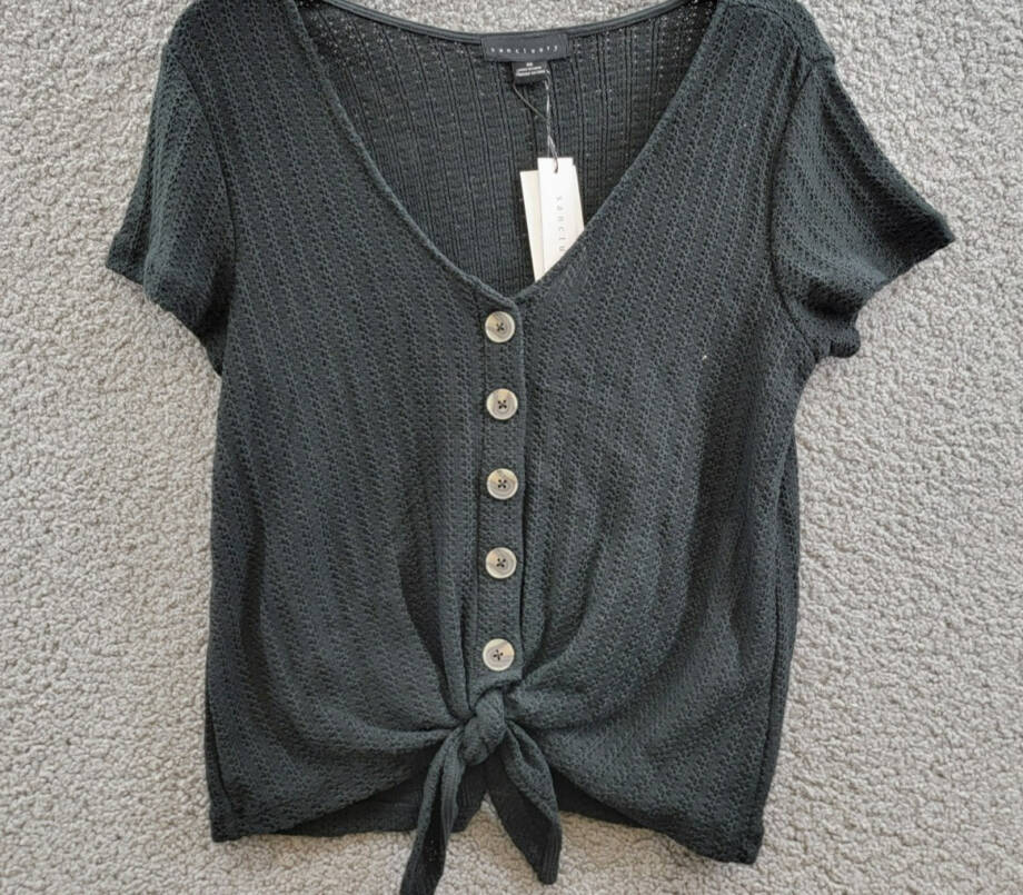 Sanctuary By My Side Tie-Front Pointelle Tee Women's XS Black Vneck Short Sleeve
