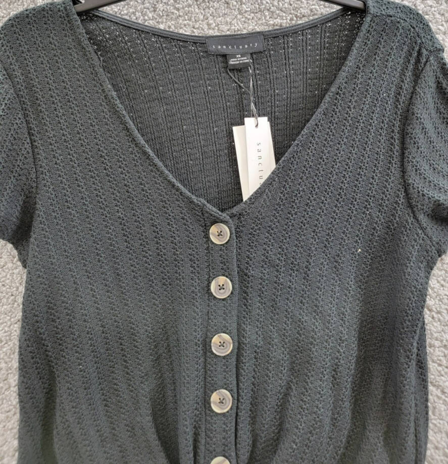 Sanctuary By My Side Tie-Front Pointelle Tee Women's XS Black Vneck Short Sleeve