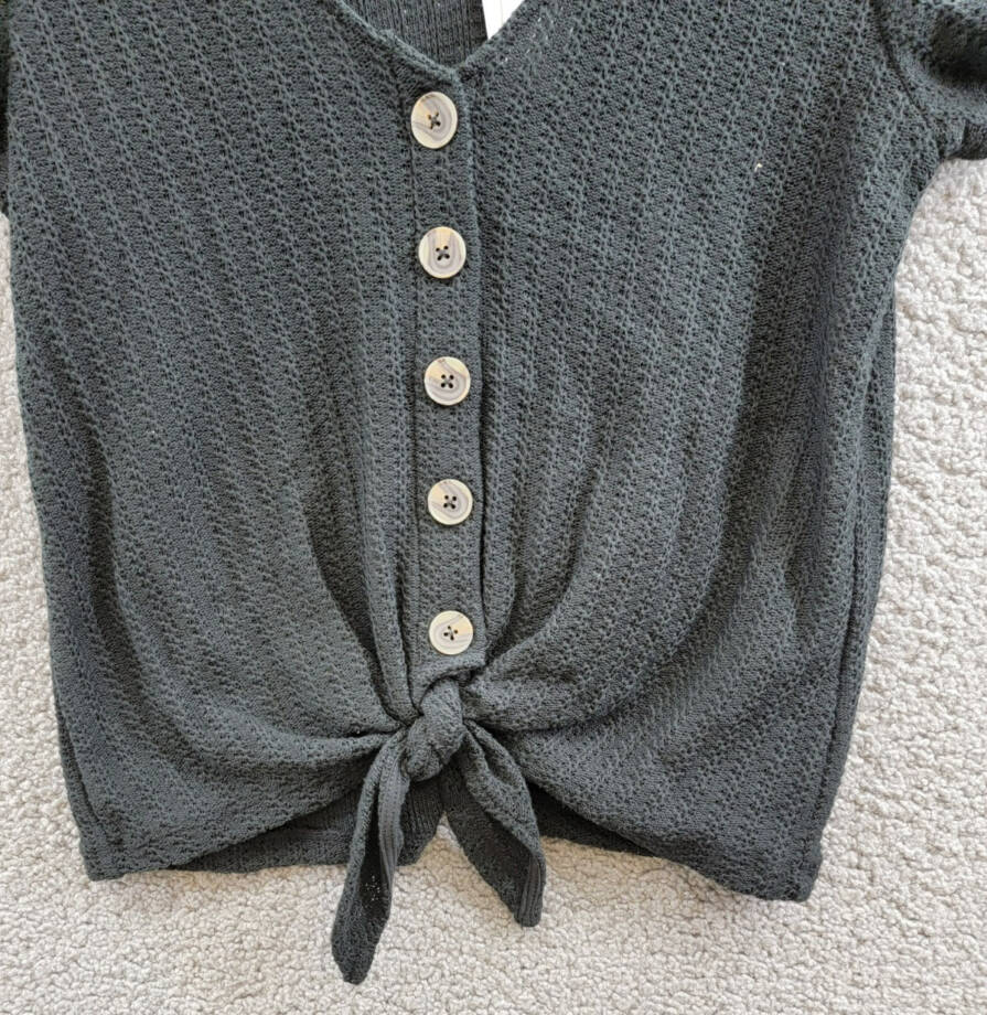 Sanctuary By My Side Tie-Front Pointelle Tee Women's XS Black Vneck Short Sleeve