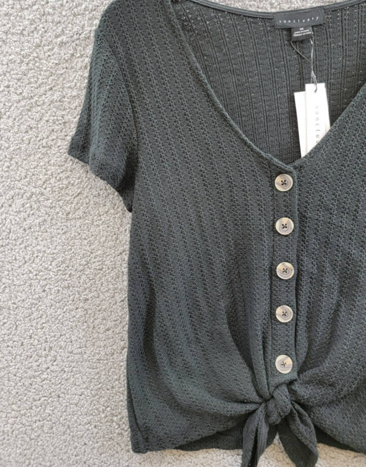 Sanctuary By My Side Tie-Front Pointelle Tee Women's XS Black Vneck Short Sleeve