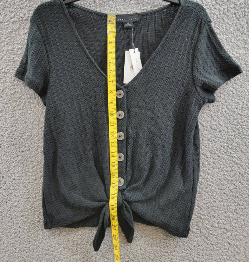 Sanctuary By My Side Tie-Front Pointelle Tee Women's XS Black Vneck Short Sleeve