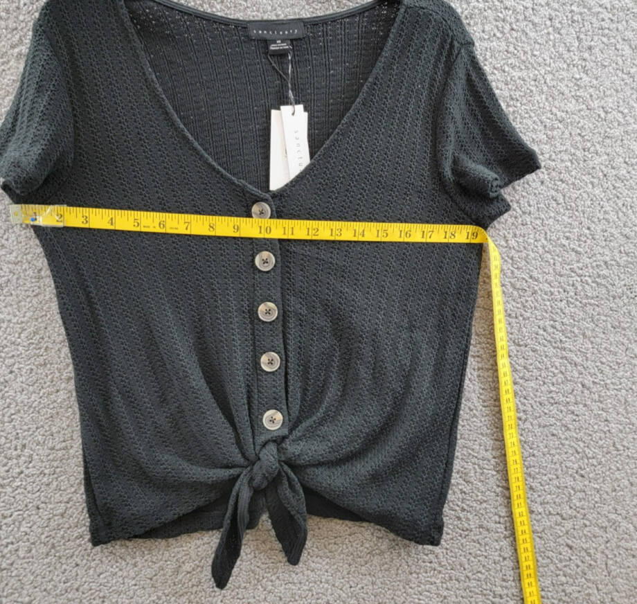 Sanctuary By My Side Tie-Front Pointelle Tee Women's XS Black Vneck Short Sleeve