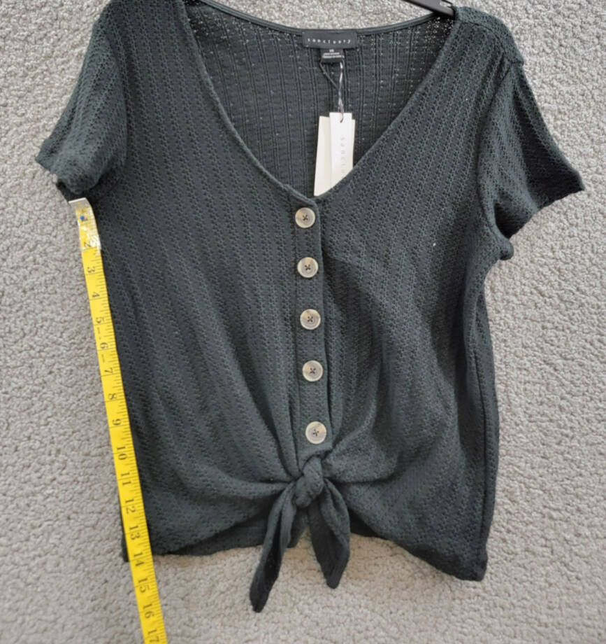 Sanctuary By My Side Tie-Front Pointelle Tee Women's XS Black Vneck Short Sleeve