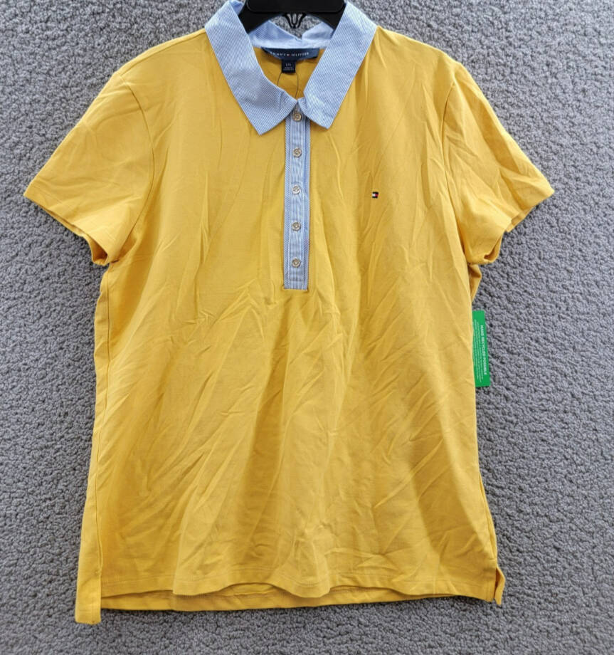 Tommy Hilfiger Striped-Collar Polo Shirt Women's L Deep Maize Short Sleeve