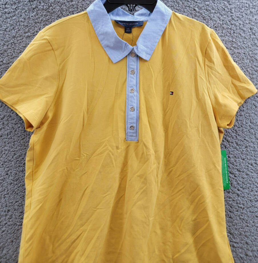 Tommy Hilfiger Striped-Collar Polo Shirt Women's L Deep Maize Short Sleeve