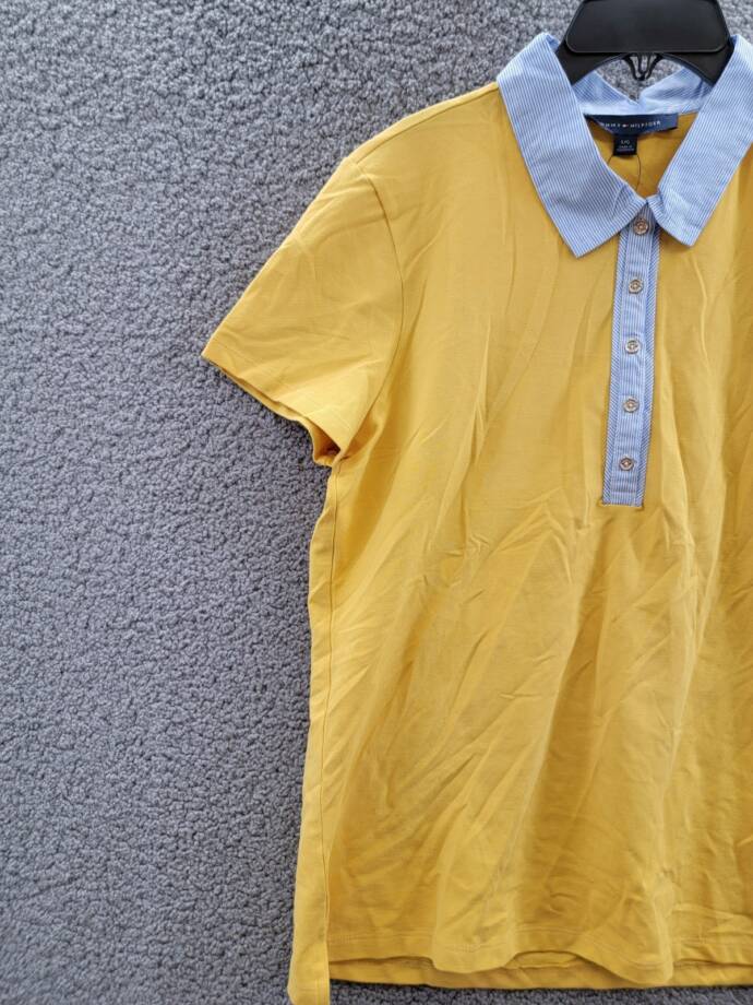 Tommy Hilfiger Striped-Collar Polo Shirt Women's L Deep Maize Short Sleeve