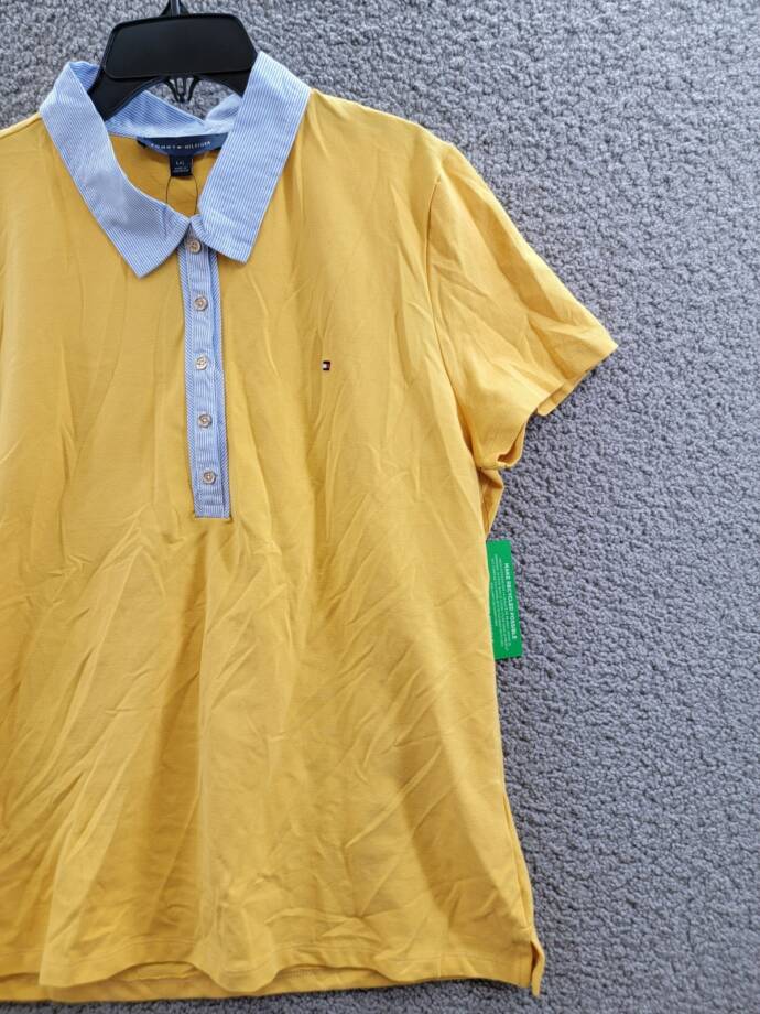 Tommy Hilfiger Striped-Collar Polo Shirt Women's L Deep Maize Short Sleeve