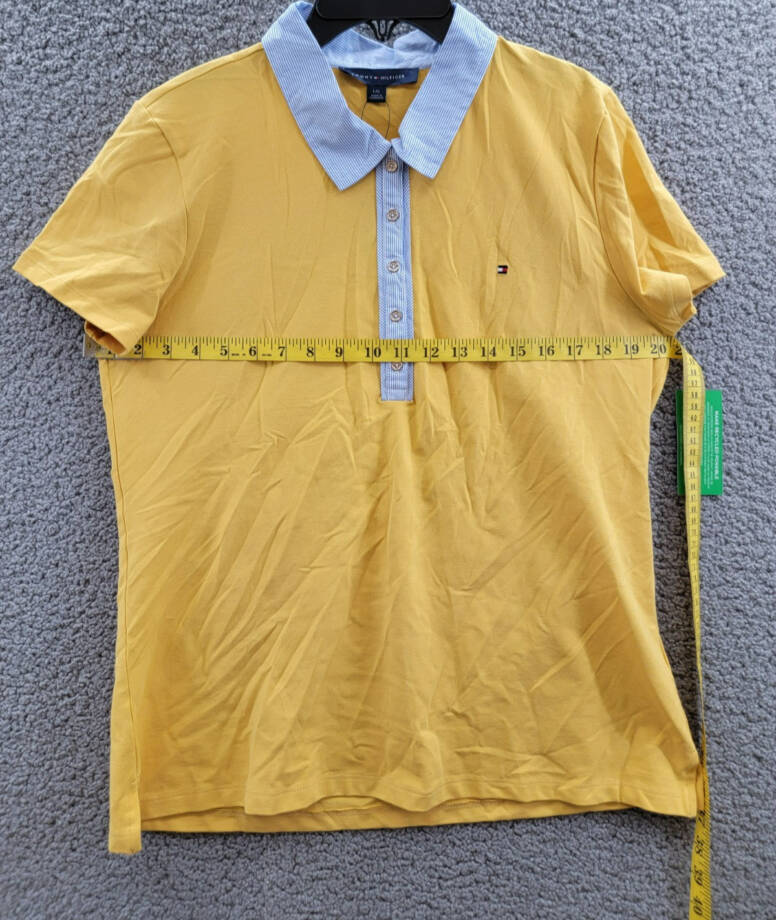 Tommy Hilfiger Striped-Collar Polo Shirt Women's L Deep Maize Short Sleeve