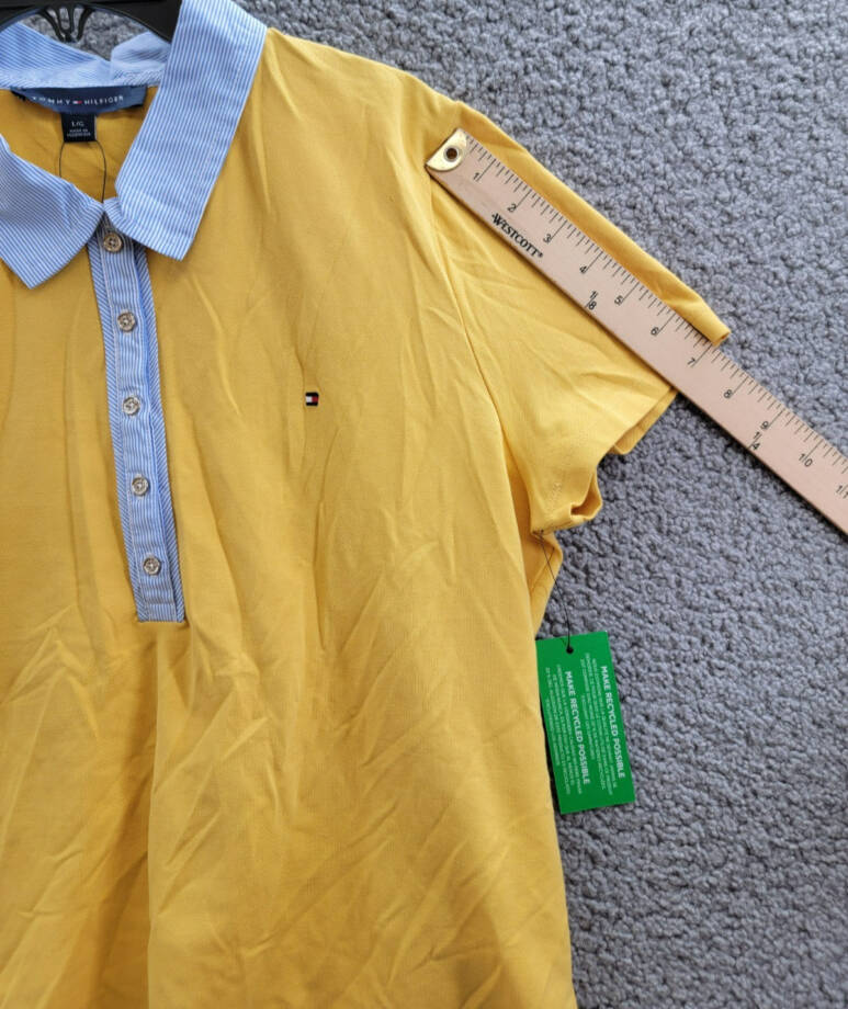 Tommy Hilfiger Striped-Collar Polo Shirt Women's L Deep Maize Short Sleeve