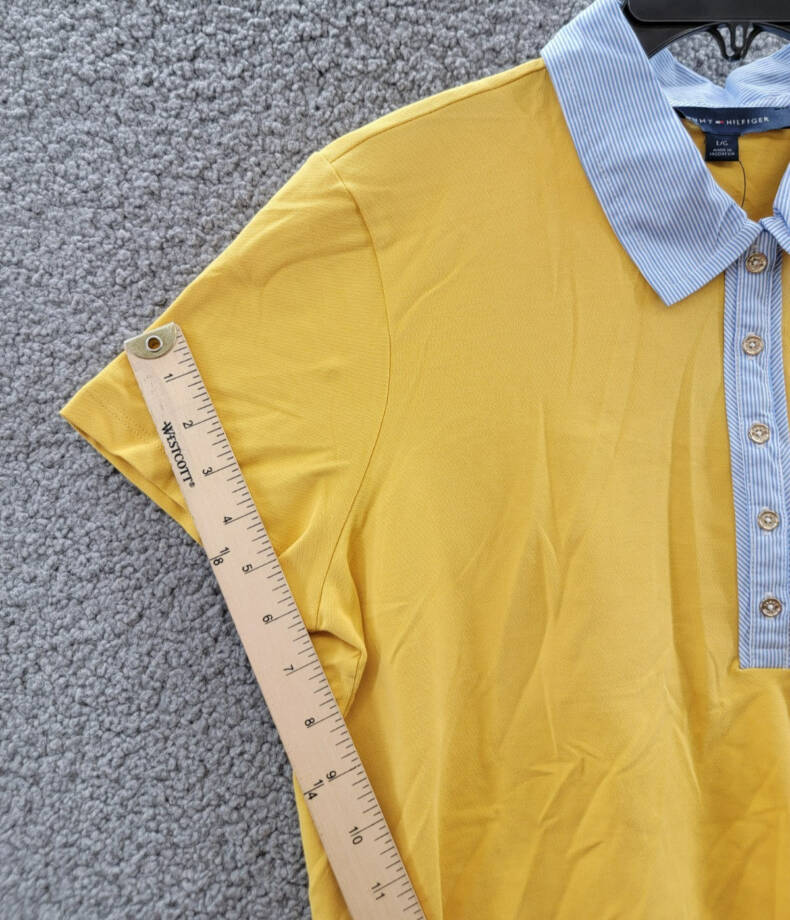 Tommy Hilfiger Striped-Collar Polo Shirt Women's L Deep Maize Short Sleeve