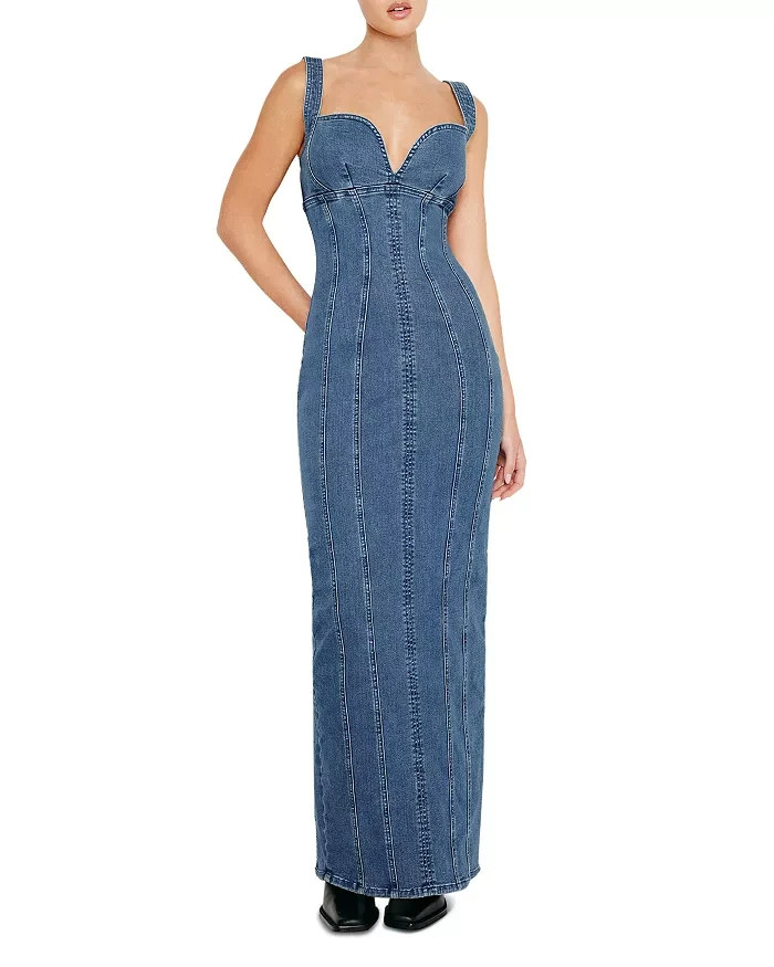 Good American Denim Corset Maxi Dress Women's XS Indigo Slit Back Zip Closure