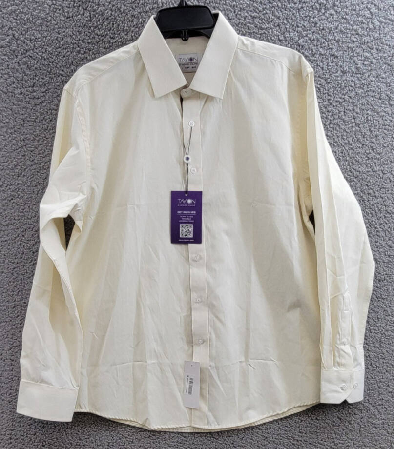 Tayion Collection Slim-Fit Dress Shirt Men's L (16-16.5) 32/33 Cream/Crimson Red