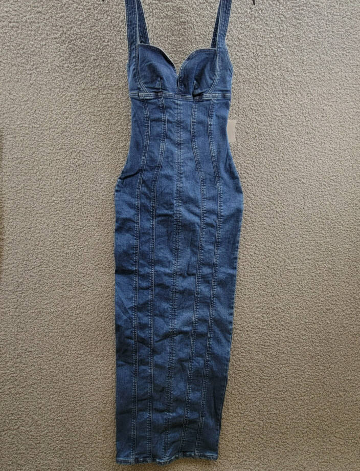 Good American Denim Corset Maxi Dress Women's XS Indigo Slit Back Zip Closure