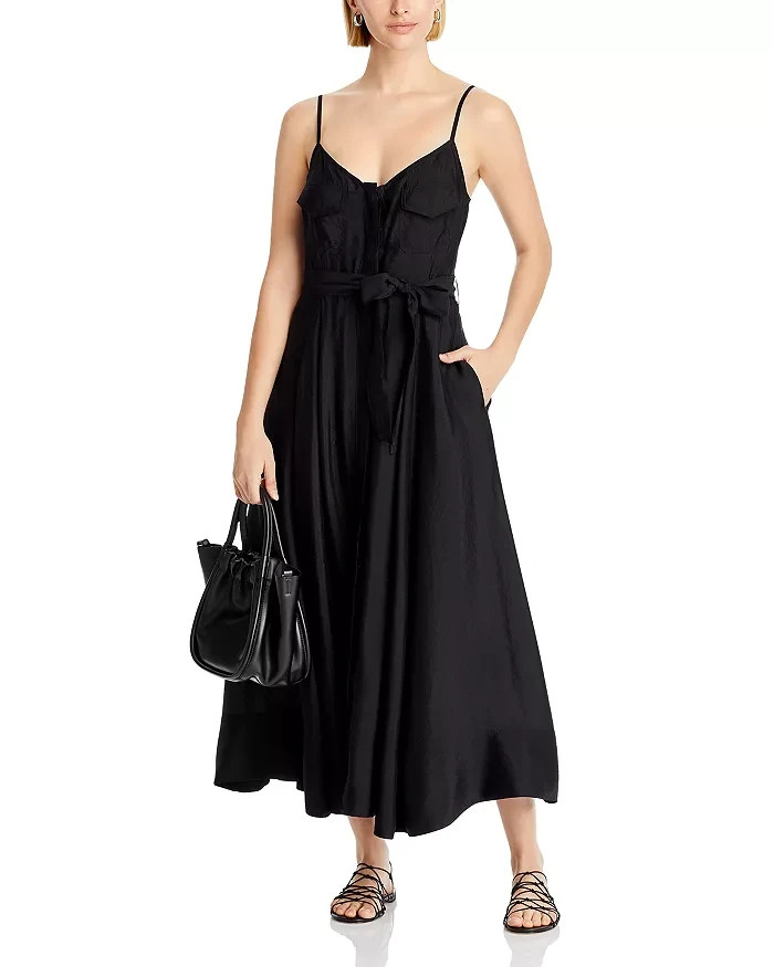 AQUA Utility Midi Dress Women's M Black Sweetheart Neck Flap Pocket Button Front
