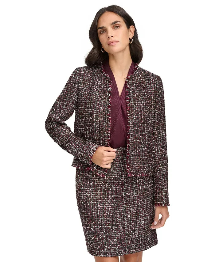 Calvin Klein Tweed Open-Front Wool Blend Blazer Women's 12 Multi Long Sleeve
