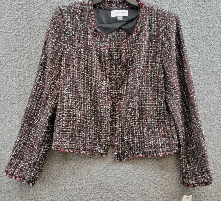 Calvin Klein Tweed Open-Front Wool Blend Blazer Women's 12 Multi Long Sleeve