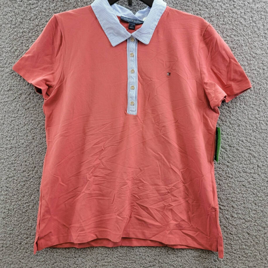 Tommy Hilfiger Striped-Collar Polo Shirt Women's L Min Red Short Sleeve Pullover