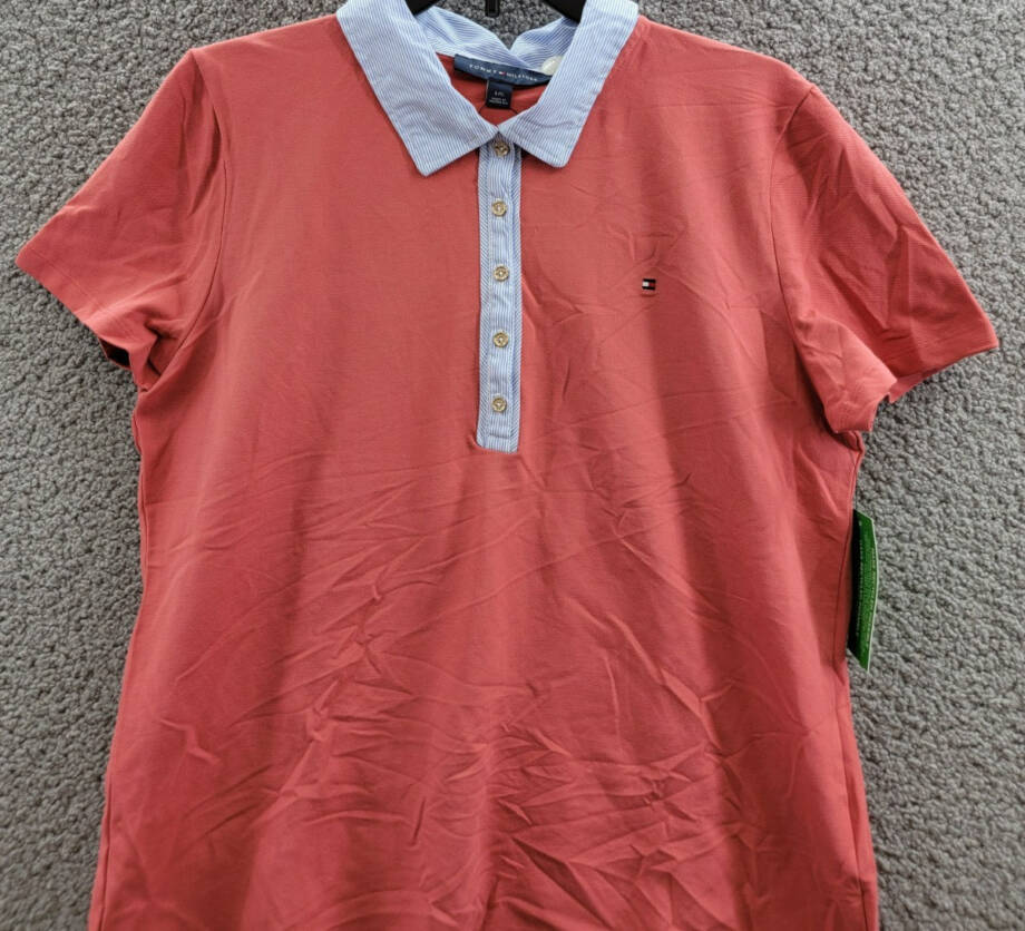 Tommy Hilfiger Striped-Collar Polo Shirt Women's L Min Red Short Sleeve Pullover