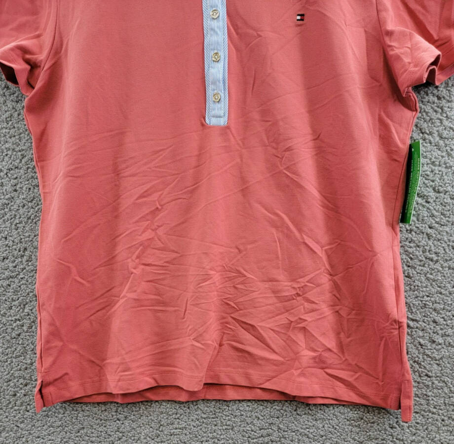 Tommy Hilfiger Striped-Collar Polo Shirt Women's L Min Red Short Sleeve Pullover