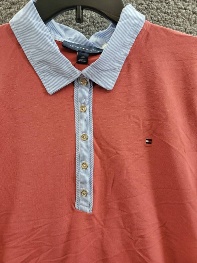 Tommy Hilfiger Striped-Collar Polo Shirt Women's L Min Red Short Sleeve Pullover