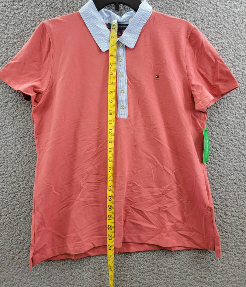 Tommy Hilfiger Striped-Collar Polo Shirt Women's L Min Red Short Sleeve Pullover