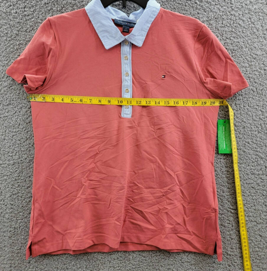 Tommy Hilfiger Striped-Collar Polo Shirt Women's L Min Red Short Sleeve Pullover