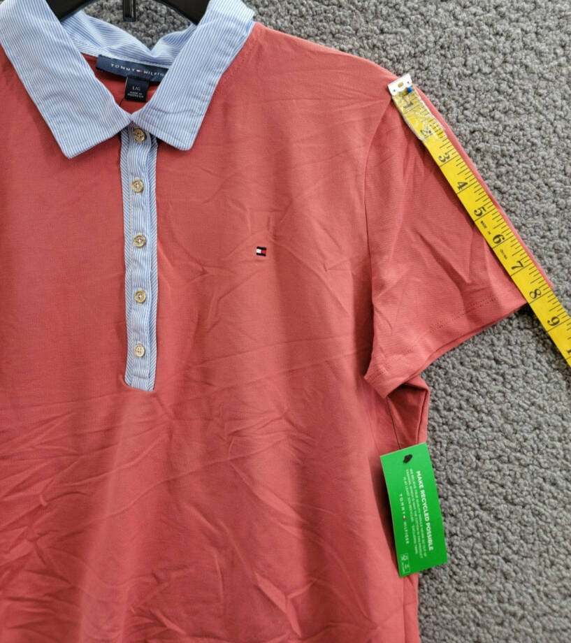 Tommy Hilfiger Striped-Collar Polo Shirt Women's L Min Red Short Sleeve Pullover