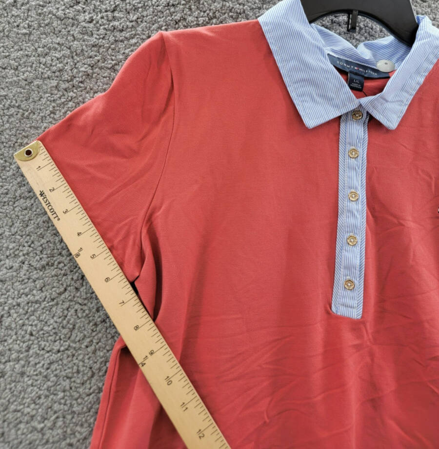 Tommy Hilfiger Striped-Collar Polo Shirt Women's L Min Red Short Sleeve Pullover