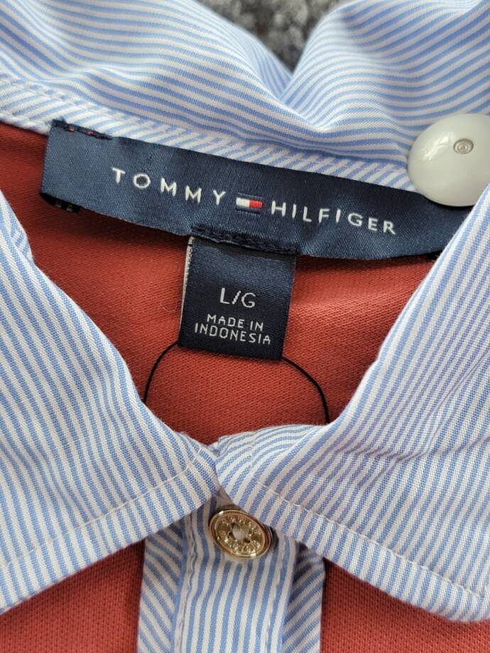 Tommy Hilfiger Striped-Collar Polo Shirt Women's L Min Red Short Sleeve Pullover