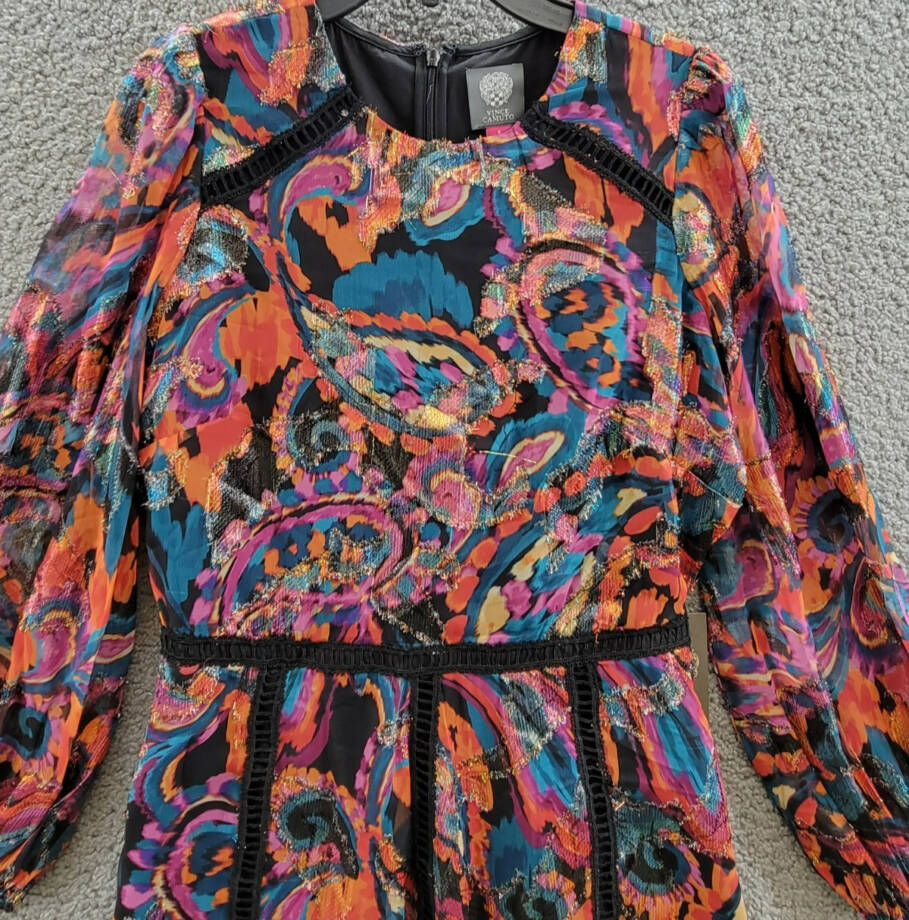 Vince Camuto Metallic Chiffon Fit & Flare Dress Women's 6 Multi Quarter Sleeve