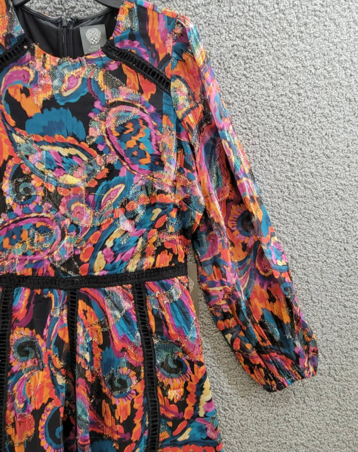 Vince Camuto Metallic Chiffon Fit & Flare Dress Women's 6 Multi Quarter Sleeve