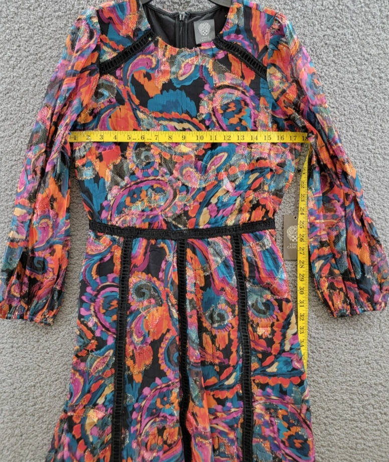 Vince Camuto Metallic Chiffon Fit & Flare Dress Women's 6 Multi Quarter Sleeve