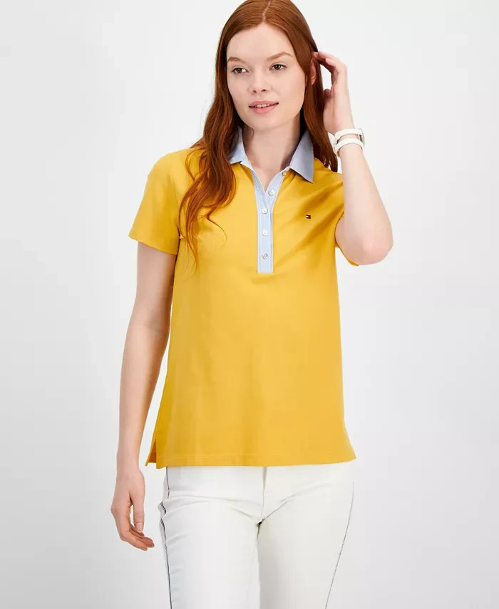 Tommy Hilfiger Striped-Collar Polo Shirt Women's S Deep Maize Short Sleeve