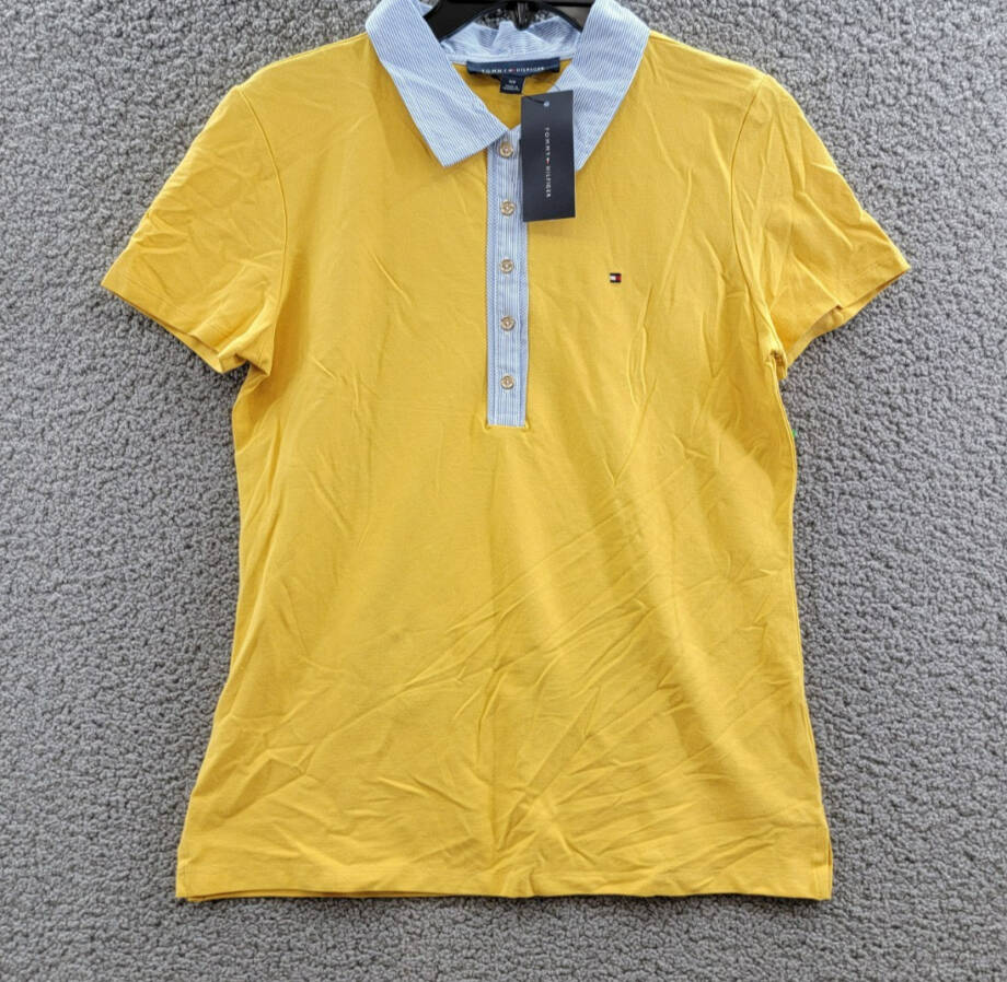 Tommy Hilfiger Striped-Collar Polo Shirt Women's S Deep Maize Short Sleeve