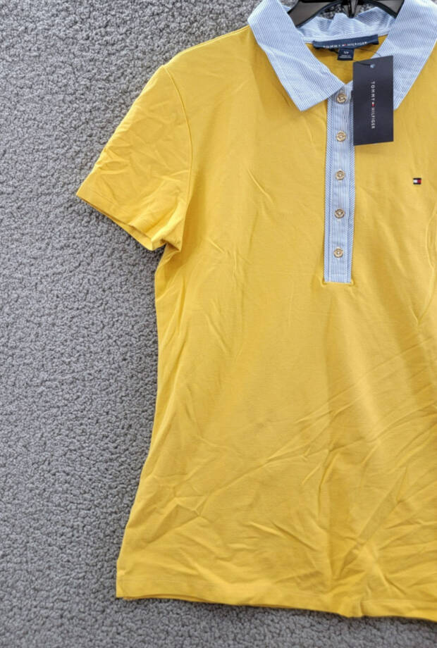 Tommy Hilfiger Striped-Collar Polo Shirt Women's S Deep Maize Short Sleeve